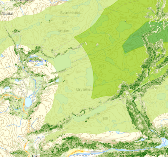 Kartutsnitt som viser datasett INON 2023 og Naturskog